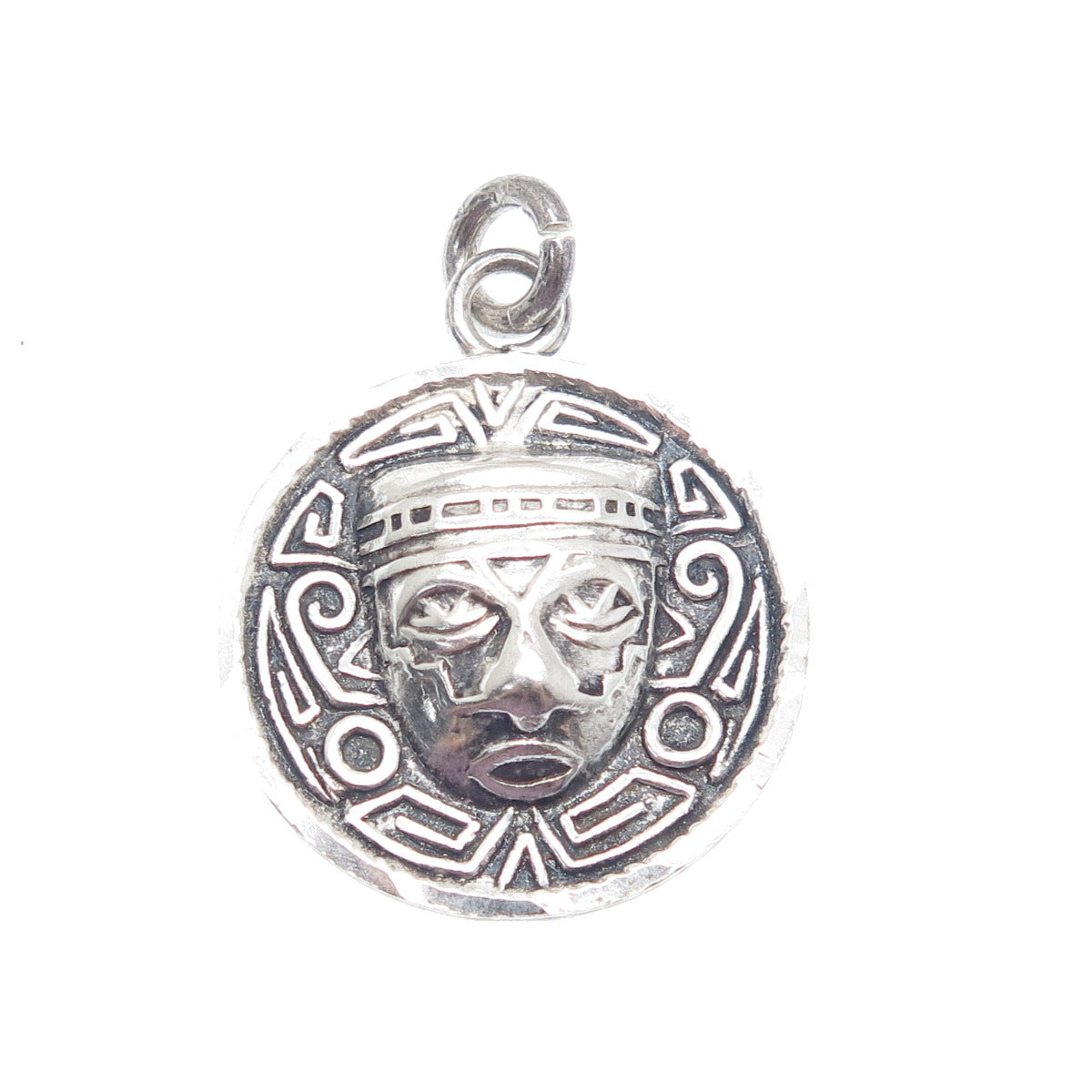 925 Sterling Silver Vintage Mexico Aztec Warrior Mask Oxidized Charm Pendant