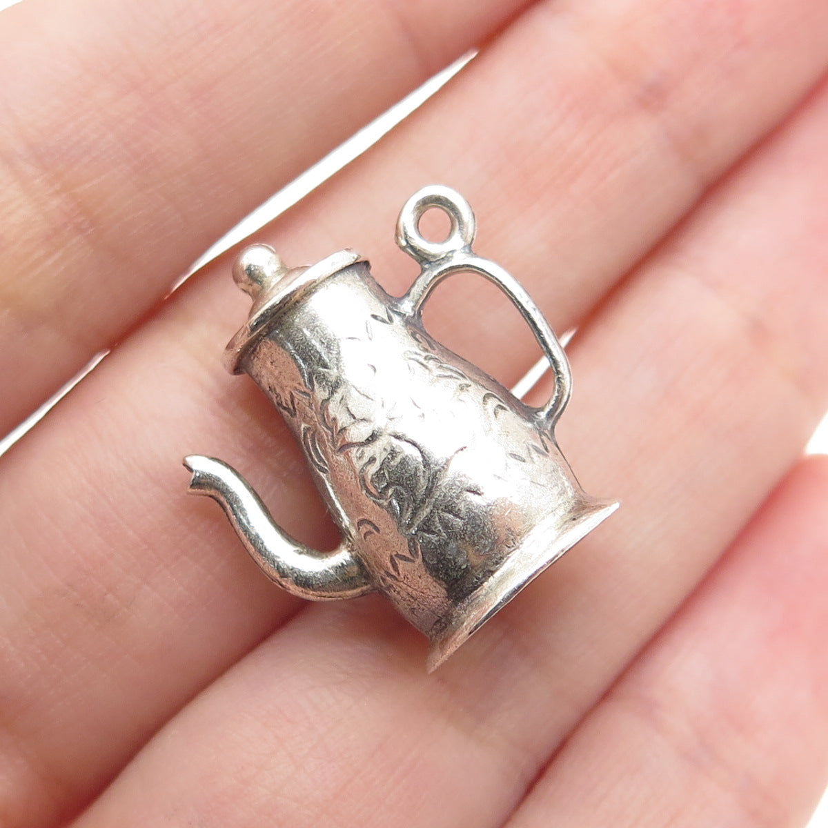925 Sterling Silver Vintage Coffeepot Oxidized Minimalist 3D Charm Pendant