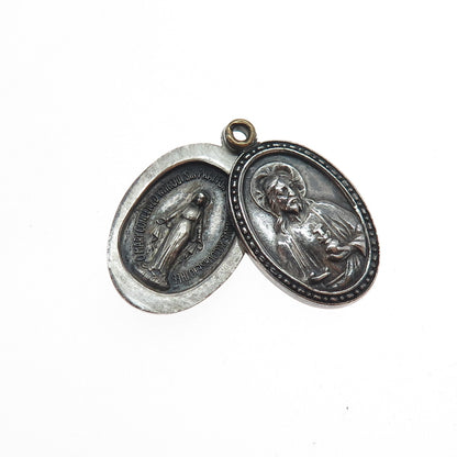 925 Sterling Silver Antique Enamel Rose Flower St. Mary Jesus Mini Slide Pendant