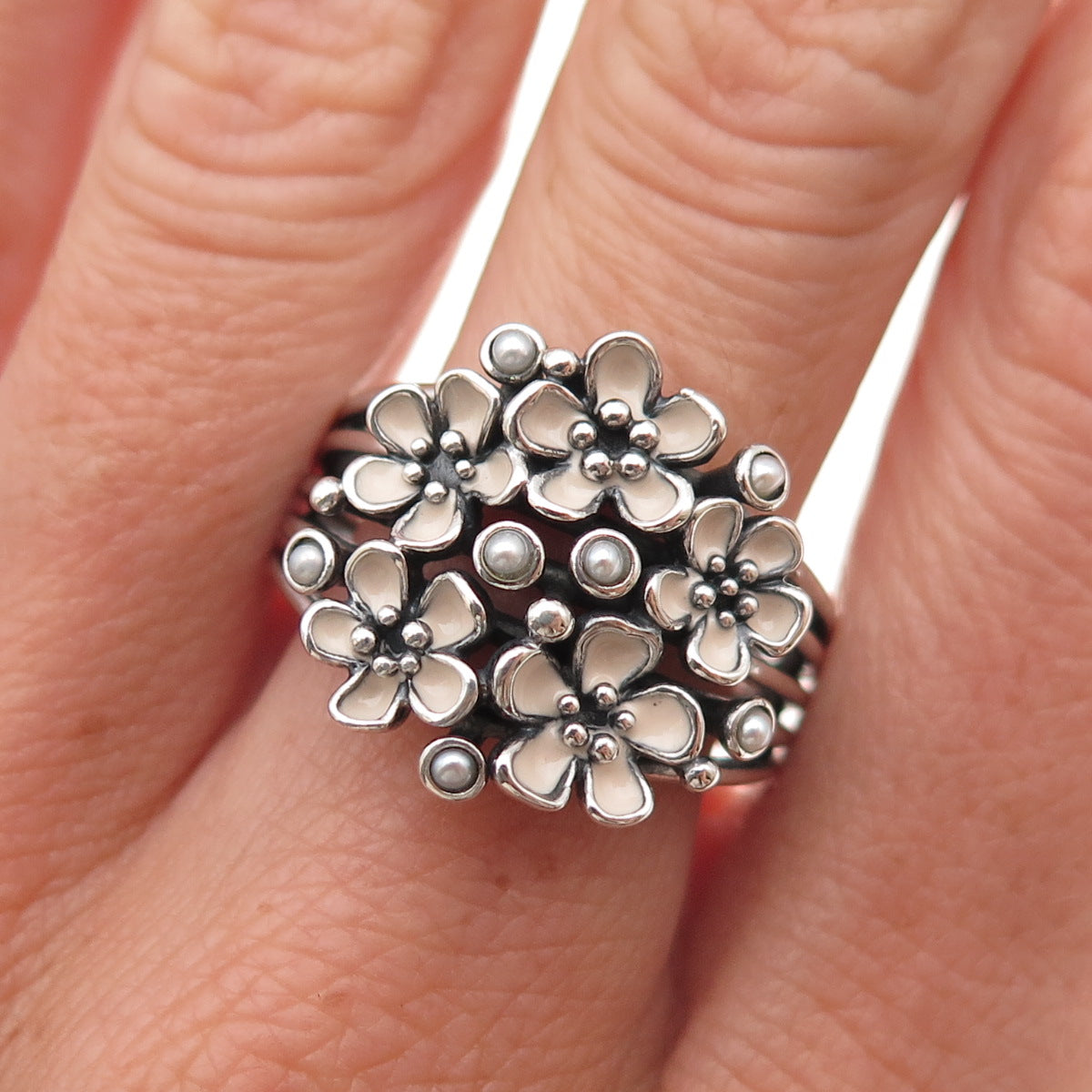 Pandora 925 Sterling Enamel Real Pearl Cherry Blossom Bouquet Ring Size 9.25