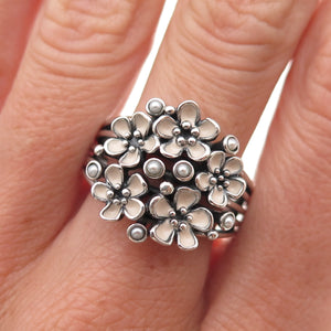 Pandora 925 Sterling Enamel Real Pearl Cherry Blossom Bouquet Ring Size 9.25