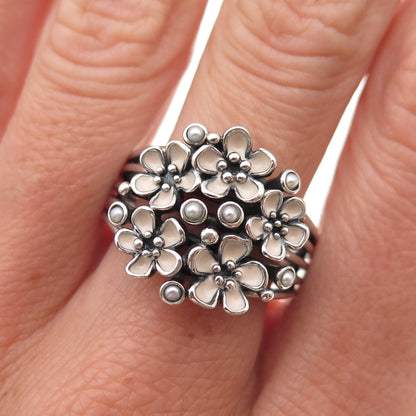 Pandora 925 Sterling Enamel Real Pearl Cherry Blossom Bouquet Ring Size 9.25