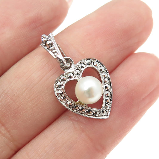 925 Sterling Silver Vintage Real Pearl & Marcasite Gemstone Heart Pendant