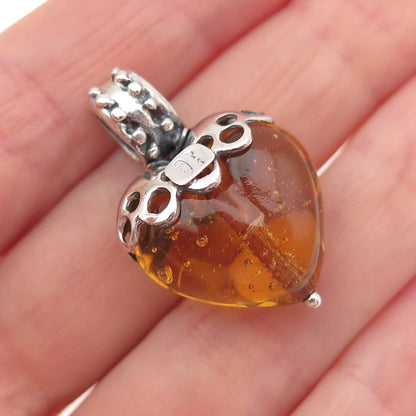 ANSA 925 Sterling Silver Vintage Yellow Glass Modernist Heart Charm Pendant