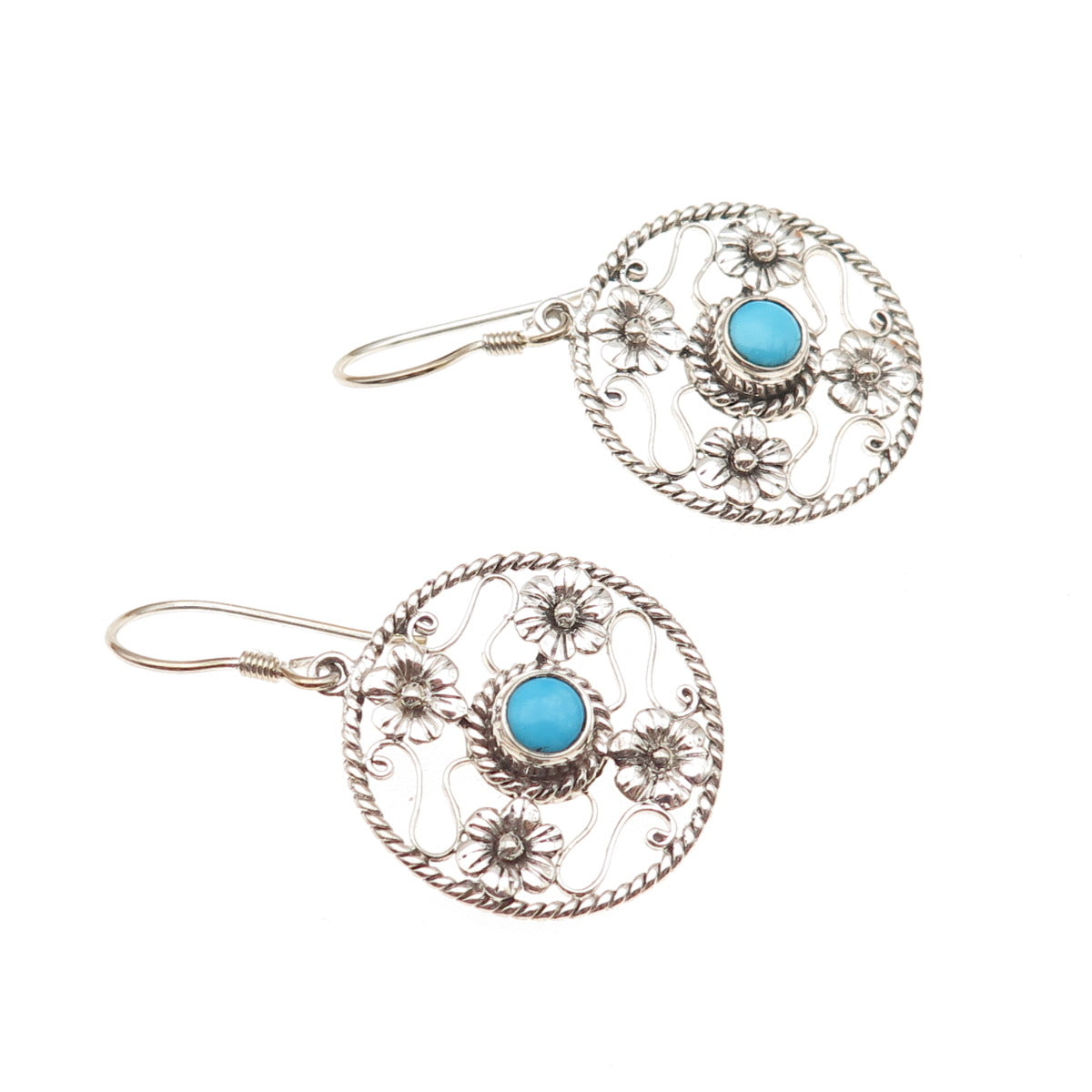 925 Sterling Silver Vintage Real Turquoise Floral Oxidized Dangle Earrings