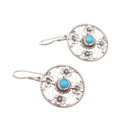 925 Sterling Silver Vintage Real Turquoise Floral Oxidized Dangle Earrings