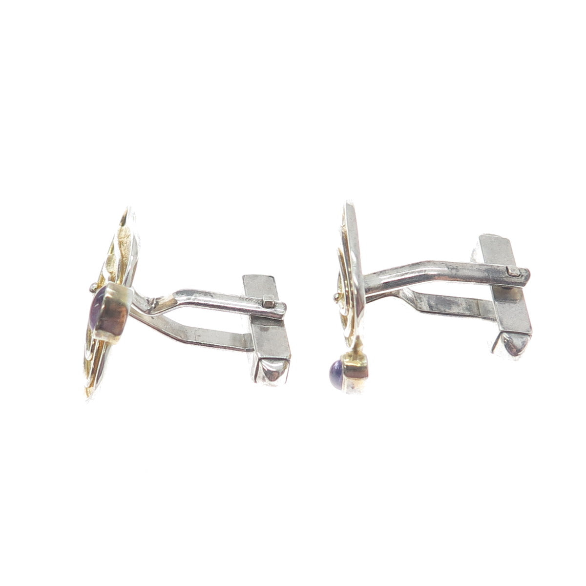 925 Sterling Silver 2-Tone Vintage Real Amethyst Gemstone Modernist Cufflinks