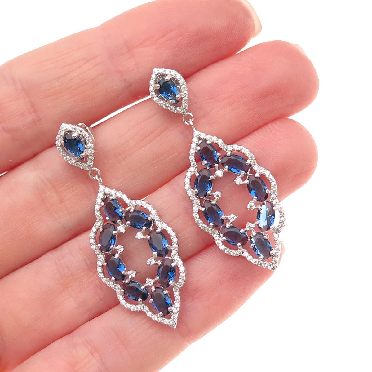 925 Sterling Silver Blue & White C Z Bohemian Dangle Earrings