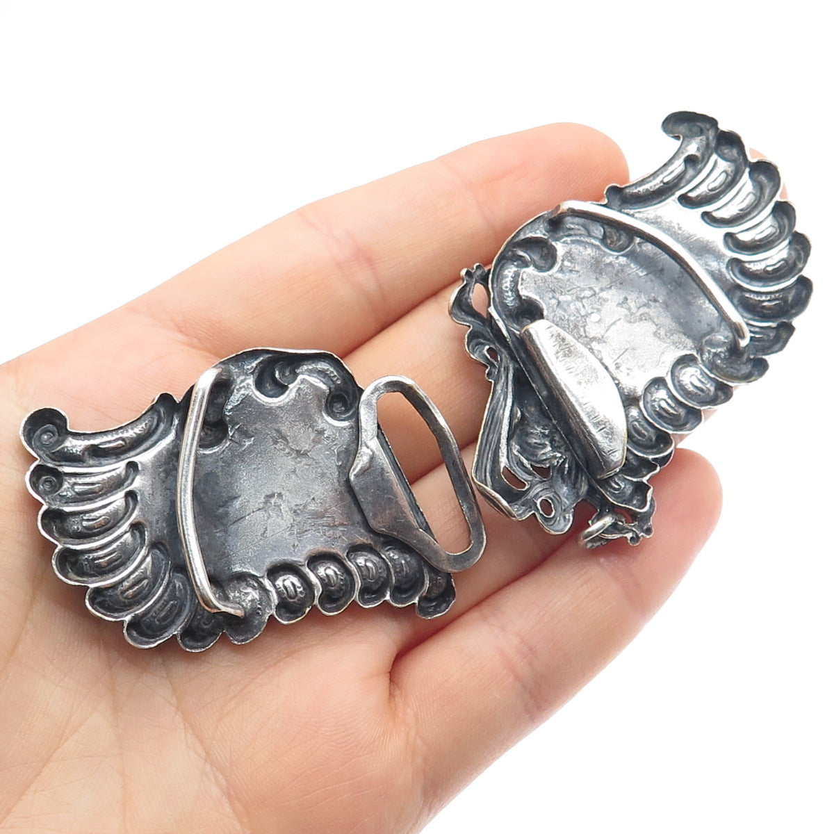 Silver-Tone Antique Art Deco Repousse Flower & Wings Oxidized Belt Buckle