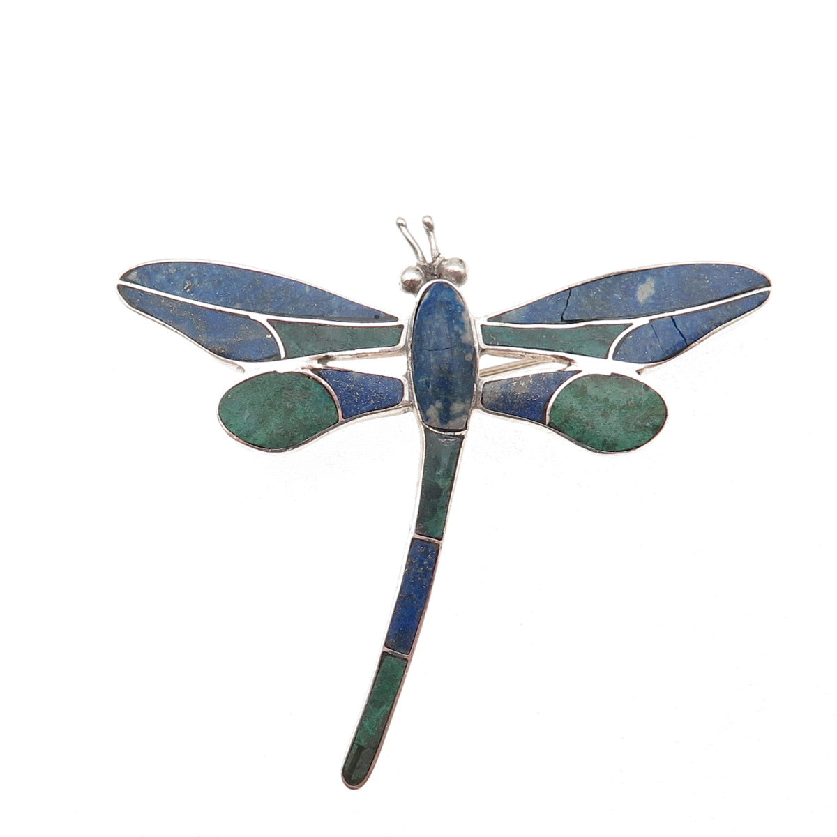 970 Silver Vintage Real Turquoise & Lapis Dragonfly Pin Brooch / Pendant