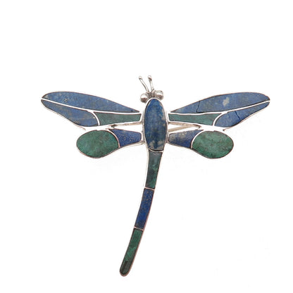 970 Silver Vintage Real Turquoise & Lapis Dragonfly Pin Brooch / Pendant