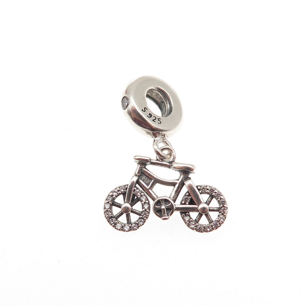 925 Sterling Silver Round-Cut C Z Bicycle Dangle Charm