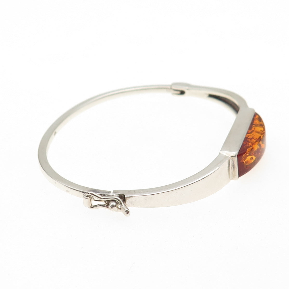 925 Sterling Silver Vintage Real Amber Modernist Bangle Bracelet 6.5"