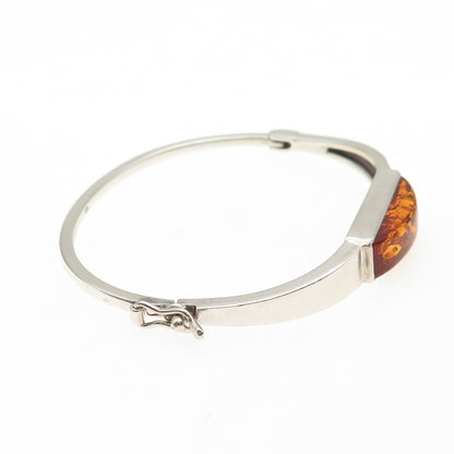 925 Sterling Silver Vintage Real Amber Modernist Bangle Bracelet 6.5"