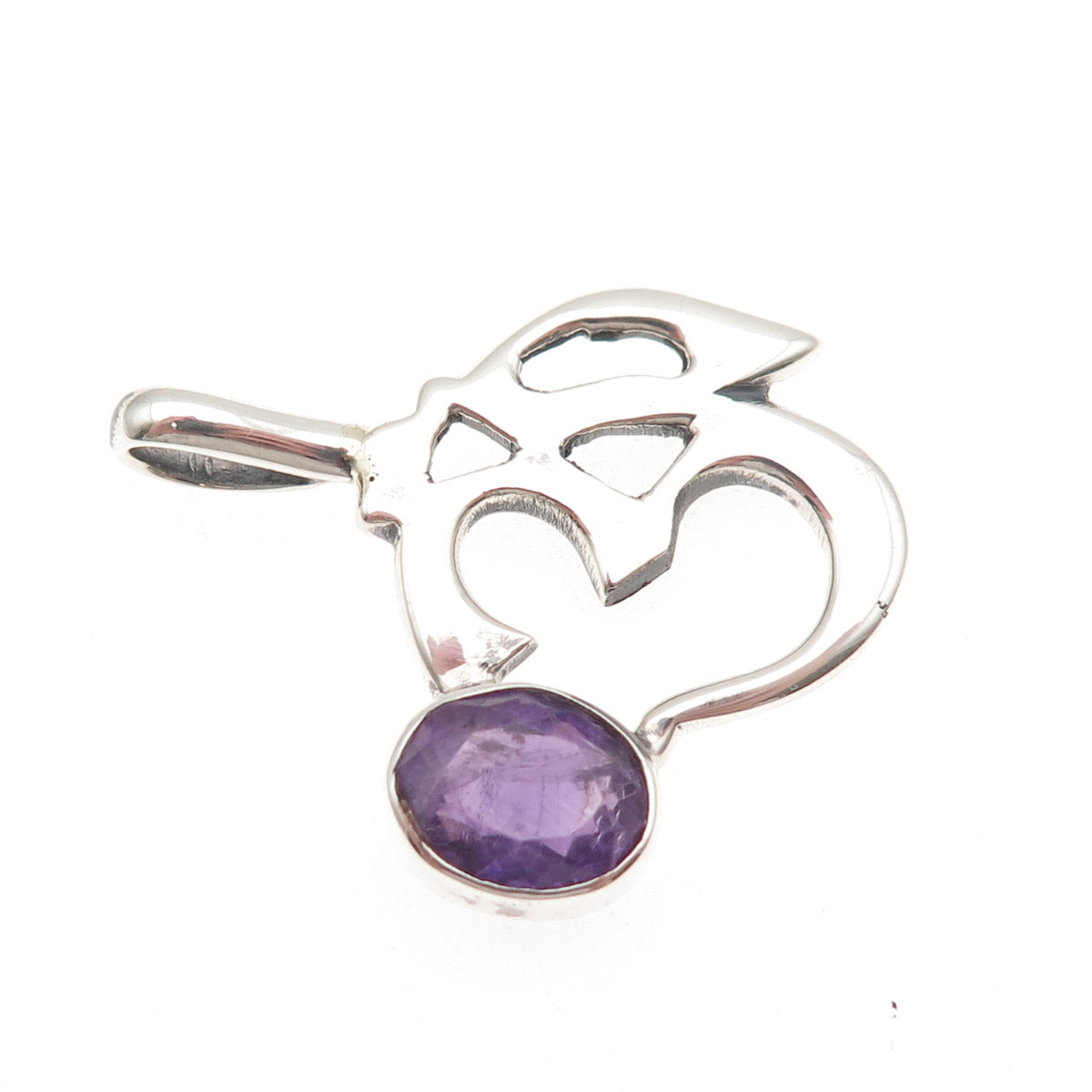 925 Sterling Silver Vintage Real Oval-Cut Amethyst Om Mantra Charm Pendant