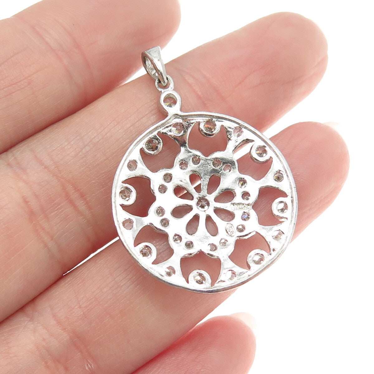 925 Sterling Silver Round-Cut C Z Flower Ornate Pendant