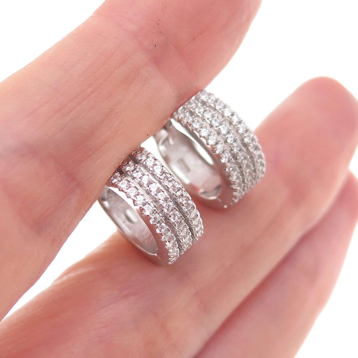 925 Sterling Silver Round-Cut C Z 3-Row Hoop Earrings