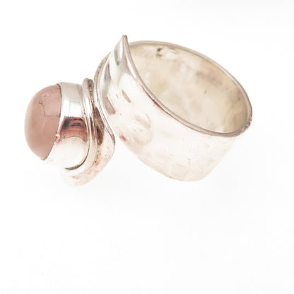 925 Sterling Silver Vintage Real Rose Quartz Modernist Adjustable Ring Size 7.25