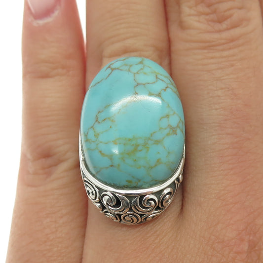 925 Sterling Silver Vintage Real Lone Mountain Turquoise Spiral Ring Size 7