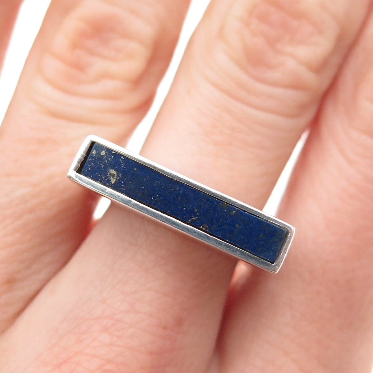 950 Silver Vintage Real Lapis Lazuli Modernist Bar Ring Size 7