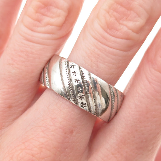 925 Sterling Silver Vintage Modernist Ribbed Oxidized Band Ring Size 13.5