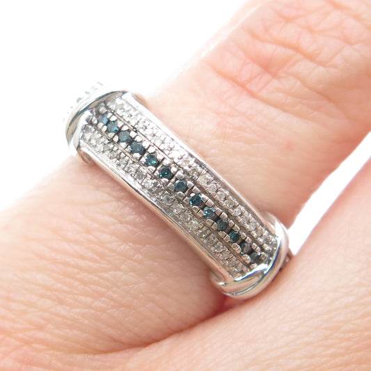 925 Sterling Silver Real Round-Cut Blue & White Diamond X Shape Ring Size 5