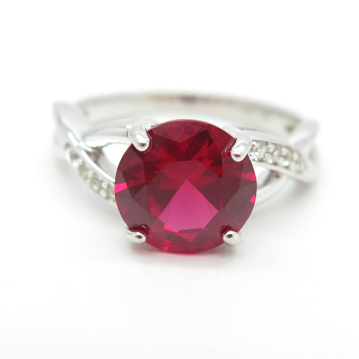 925 Sterling Silver Lab-Created Ruby & White Topaz Ring Size 7.25