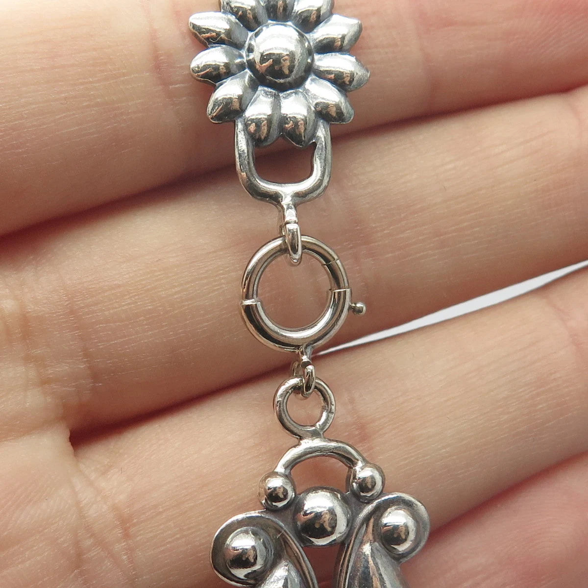 925 Sterling Silver Vintage Floral Link Bracelet 7.5"