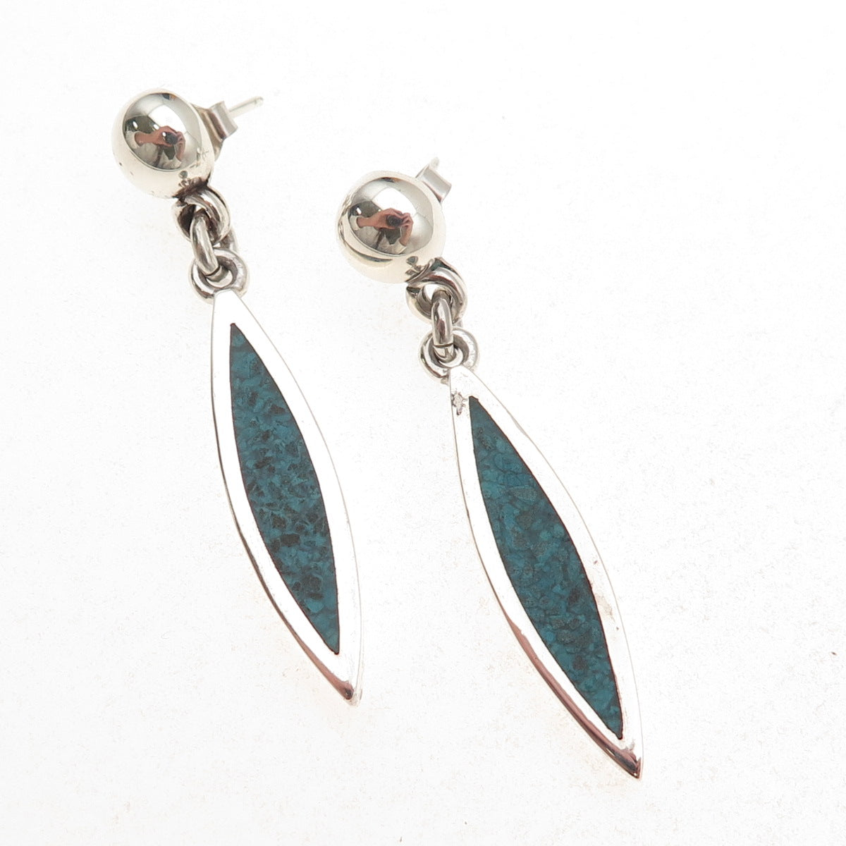 925 Sterling Silver Vintage Mexico Real Turquoise Inlay Dangle Earrings