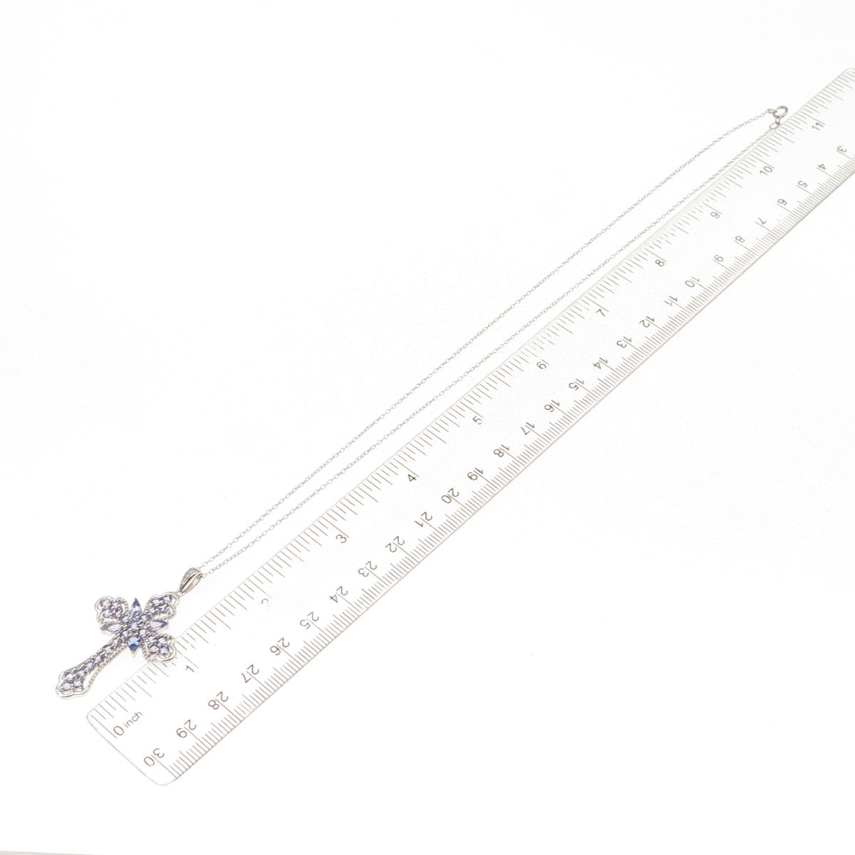 925 Sterling Silver Real Tanzanite & White Topaz Cross Cable Chain Necklace 18"