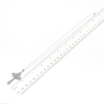925 Sterling Silver Real Tanzanite & White Topaz Cross Cable Chain Necklace 18"