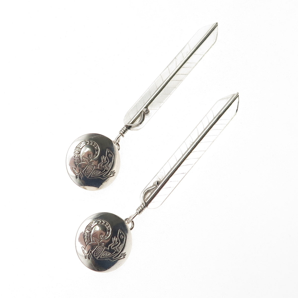 Old Pawn Sterling Silver Vintage Southwestern Lizard Feather Dangle Earrings