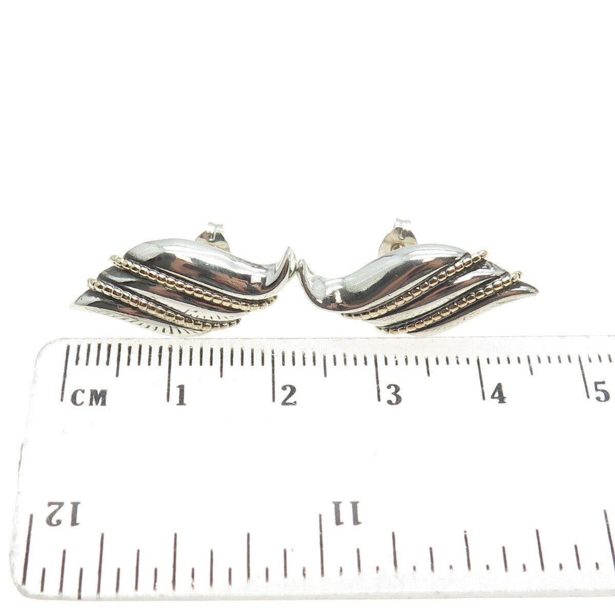14K Yellow Gold & 925 Sterling Silver Vintage Modernist Wavy Earrings