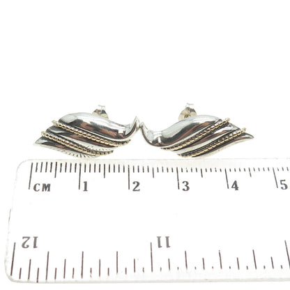 14K Yellow Gold & 925 Sterling Silver Vintage Modernist Wavy Earrings