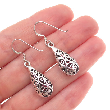 925 Sterling Silver Vintage Floral Scroll Teardrop Oxidized Dangle Earrings