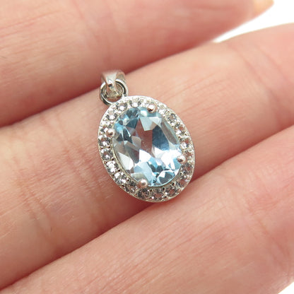 HAN 925 Sterling Silver Real Round & Oval-Cut White & Blue Topaz Pendant