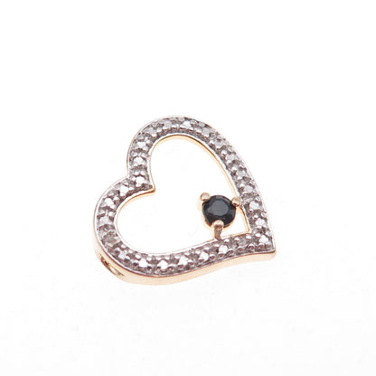 925 Sterling Silver 2-Tone Real Diamond & Sapphire Heart Slide Charm Pendant