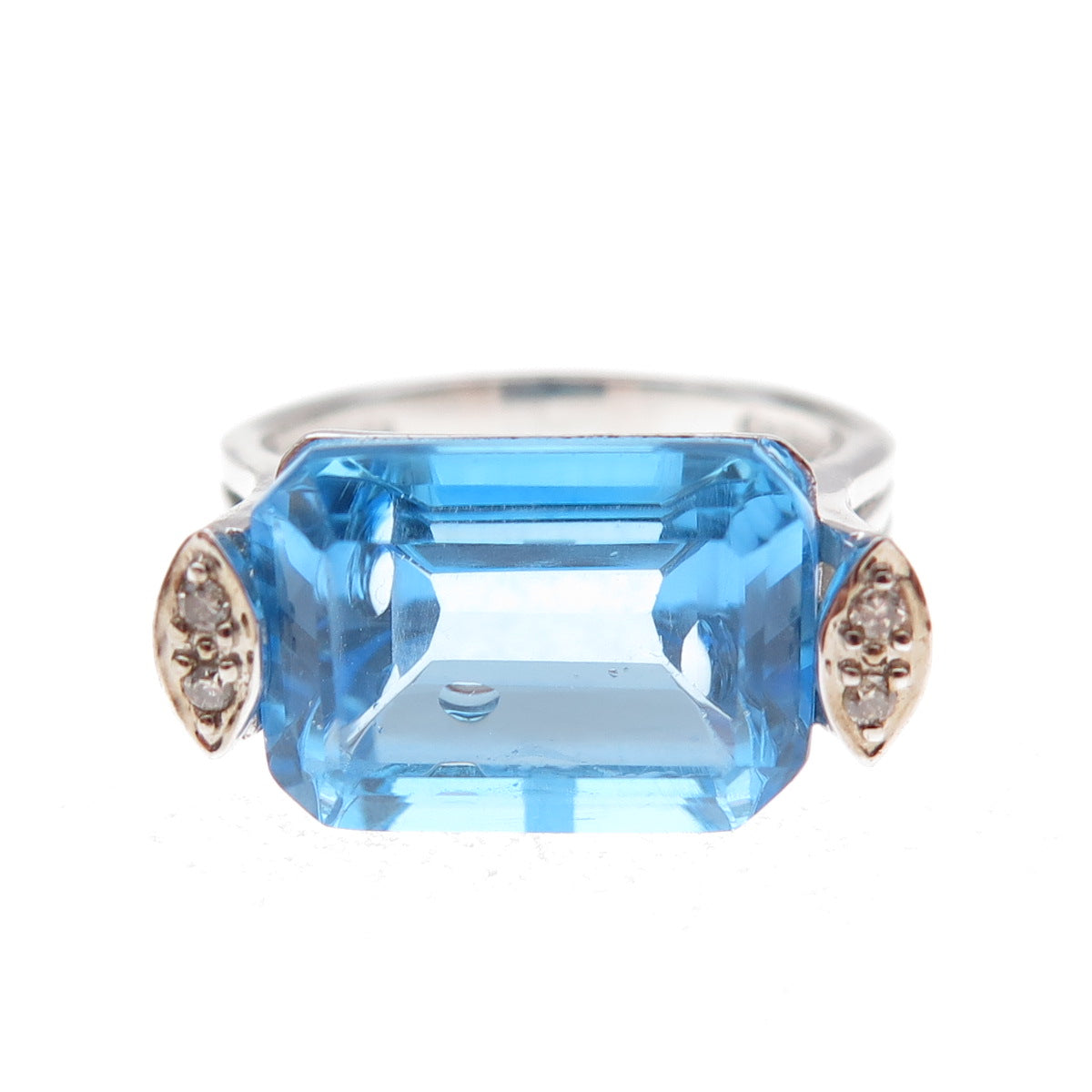 925 Sterling Silver 2-Tone Mexico Real Diamond & Blue Topaz Ring Size 7