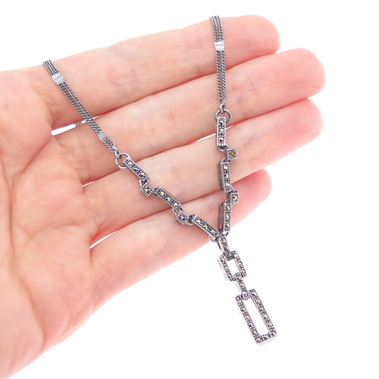 925 Sterling Silver Vintage Marcasite Oxidized Necklace 16" (missing 1 stone)
