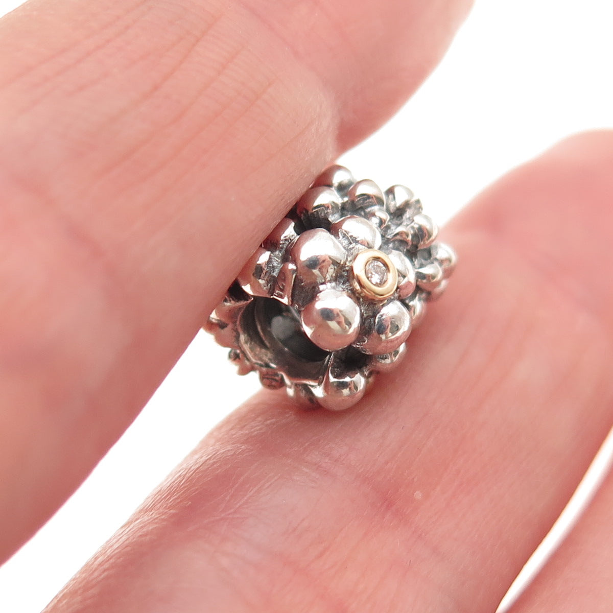 PANDORA 925 Sterling Silver Gold Real Diamond Daisy Slide Bead Charm