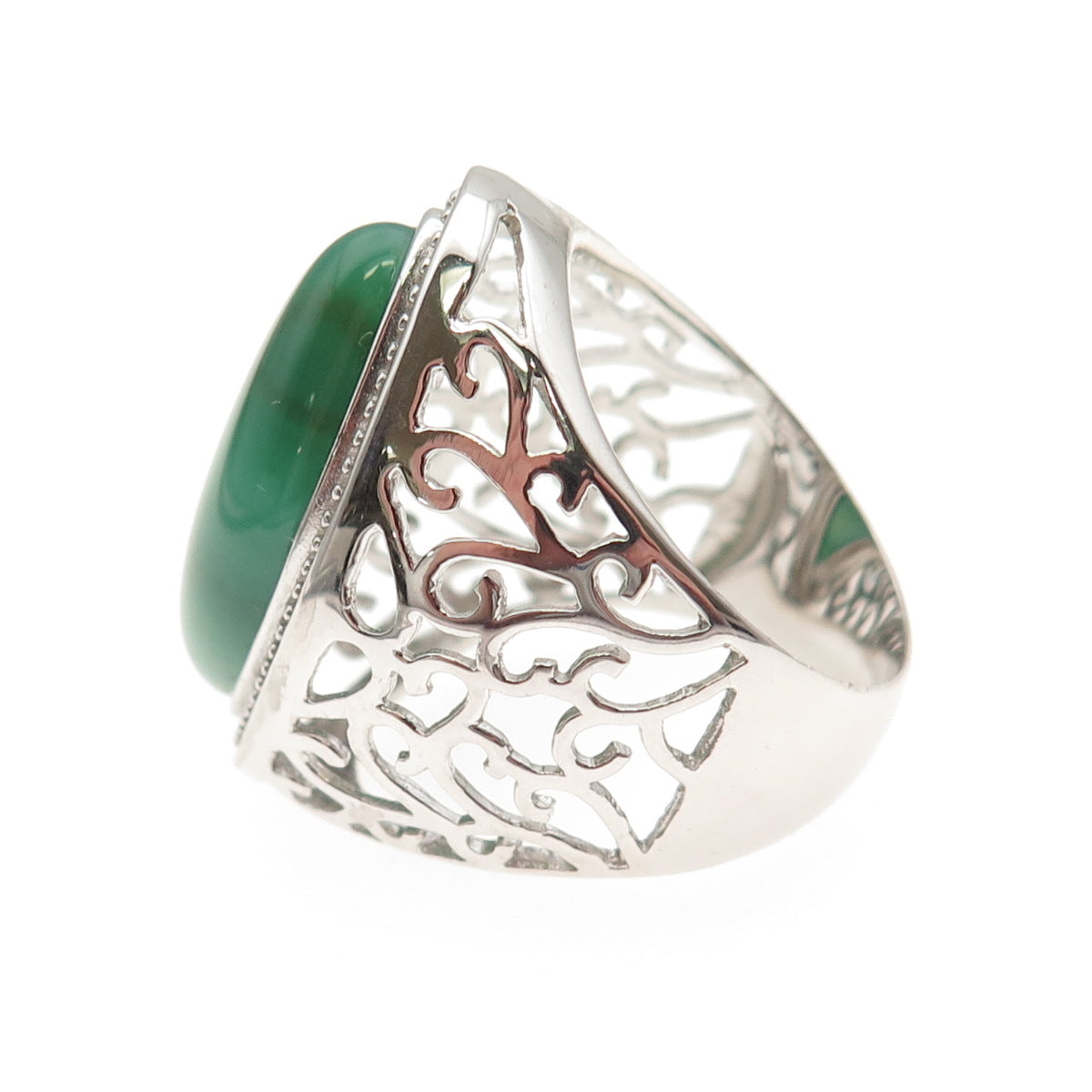 Ken Crafts 925 Sterling Silver Real Green Agate Floral Scroll Ring Size 9