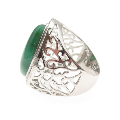 Ken Crafts 925 Sterling Silver Real Green Agate Floral Scroll Ring Size 9