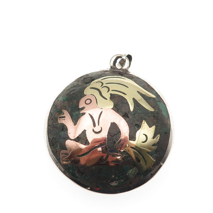 925 Sterling Silver 3-Tone Vintage Mexico Real Chrysocolla Aztec Warrior Pendant