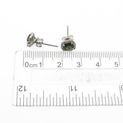 925 Sterling Silver Cushion-Cut Green & Round-Cut White C Z Stud Earrings