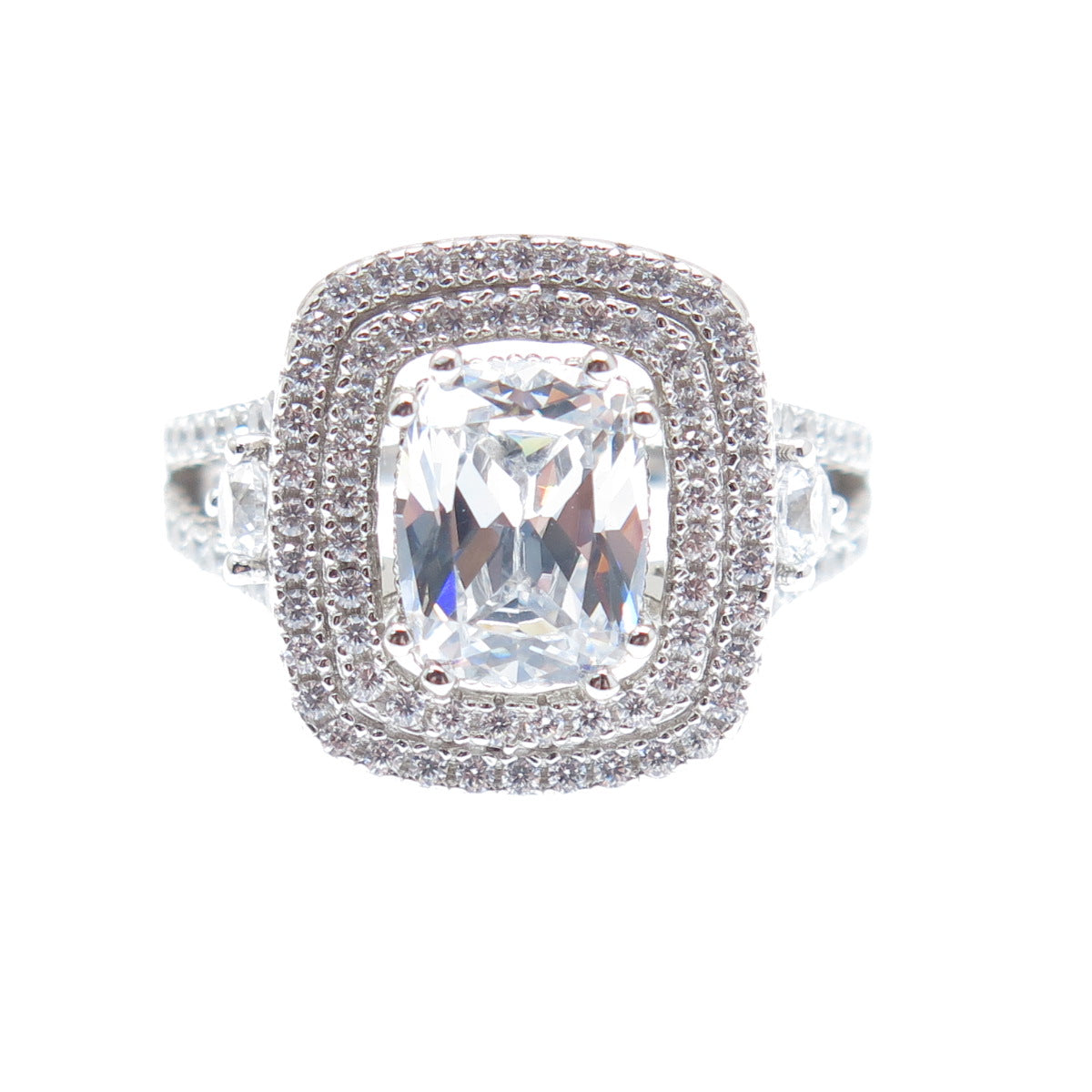 925 Sterling Silver Cushion & Round-Cut C Z Engagement Ring Size 7