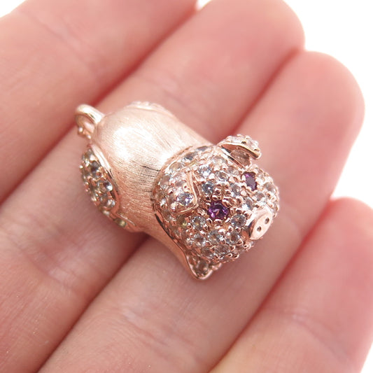 925 Sterling Silver Rose Gold Plated Real Amethyst & Topaz Pig 3D Charm Pendant