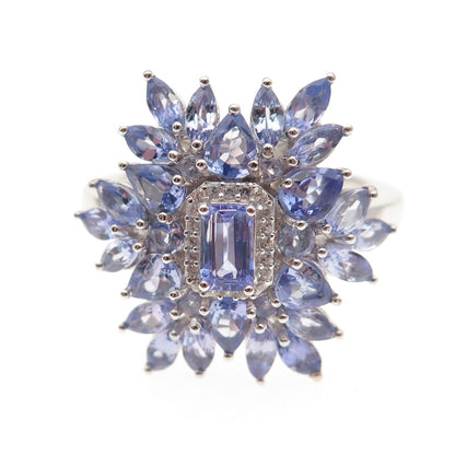 D'Joy 925 Sterling Silver Real Tanzanite & White Topaz Cluster Ring Size 8