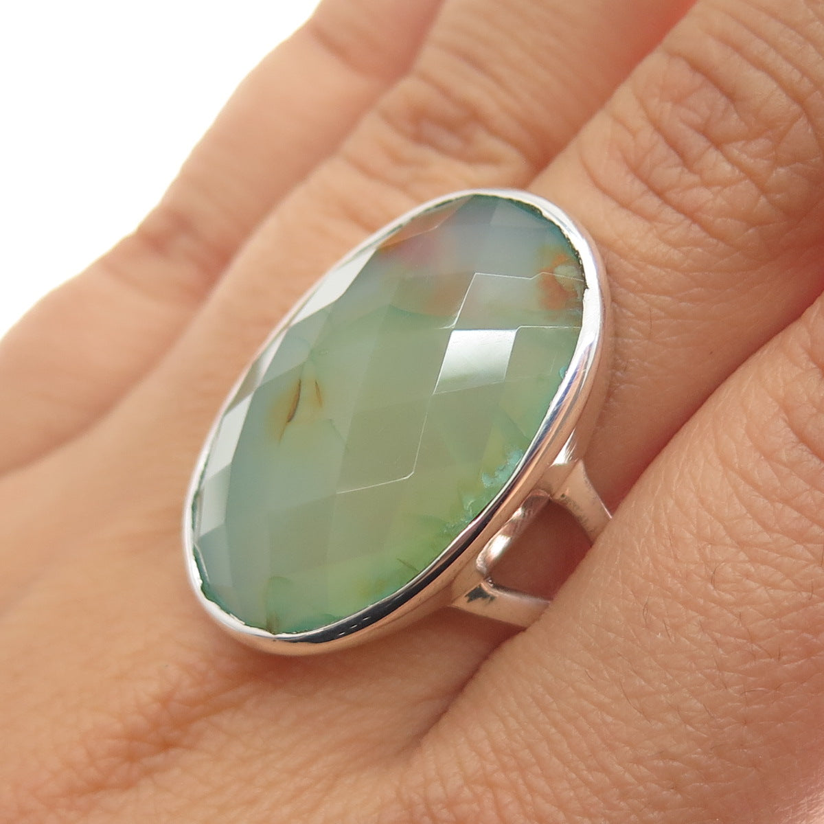 925 Sterling Silver Vintage Real Green Agate Modernist Ring Size 10