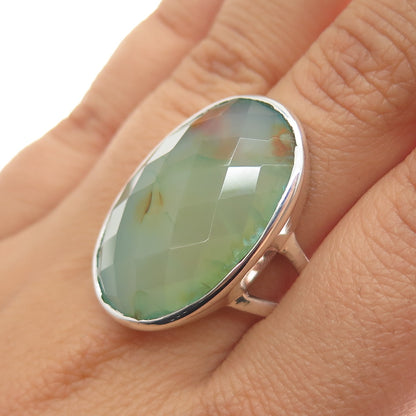 925 Sterling Silver Vintage Real Green Agate Modernist Ring Size 10