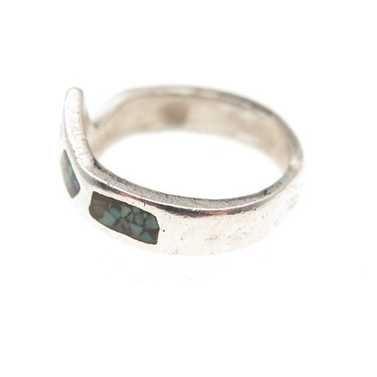 Old Pawn 925 Sterling Silver Vintage Turquoise Inlay Zig Zag Ring Size 3.75